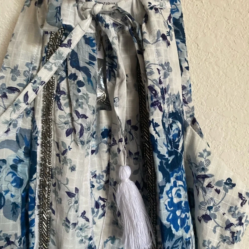 MIRA PIERINA FLORAL SILVER EMBROIDERY TASSEL TIE SHORT BOHO BEACH DRESS SIZE M